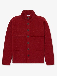 Cardigan da Uomo in Misto Lana Donegal Rosso Maculato con Collo Alto e Dettaglio a Costine sul Colletto - Product Image 2