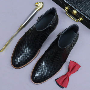 Botas de hombre de caña baja, duraderas, de cuero, con suela gruesa y elevada, con textura tejida de alta calidad y cremallera de doble cara, para uso empresarial. - Product Image 1