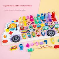 Juguete Multifuncional de Madera con Diseño de Ambulancia, Rompecabezas de Números y Formas, Juego de Pesca Apilable para Niños