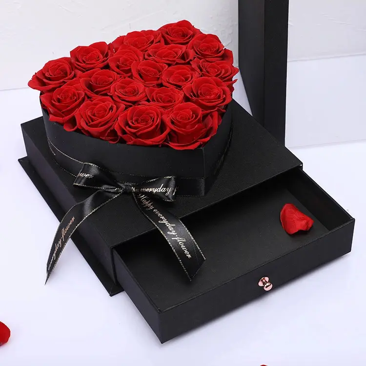 Best wishes wholesale heart shape wedding rose flower boxes romantic preserved rose in satin drawer box