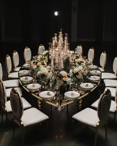 Nieuwste Glanzend Zwart Glas Mdf Top Design Ovale Vorm Dineren Luxe Trouwtafels Voor 16 Zitplaatsen