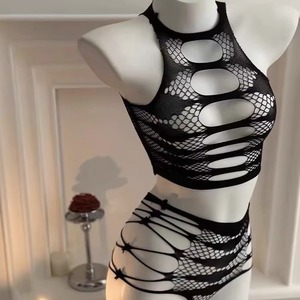 Lencería sexy de poliéster transpirable, top de tubo transparente, camisón ajustado a rayas con aberturas y escote pronunciado - Product Image 3