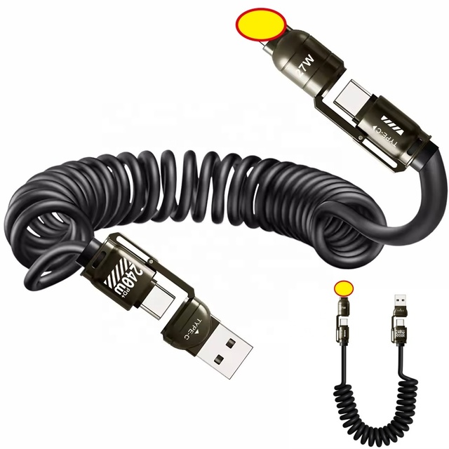 240W Retractable Spring Coiled 4 in 1 Car Charging Cable PD 27W/65W/240W A-C/C-C Carplay USB Charger Cable for iPhone Android