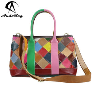 AndoBag Colorblock Patchwork <b>Tote</b> <b>Bags</b>, Genuine Leather Satchel Purse, Luxury Top Handle Shoulder <b>Bag</b> for Women 1728 - Product Image 1