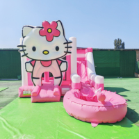 Dessin animé chat cavalier gonflable rebond maison Mini rose plein d'entrain château combo gonflable videur avec piscine toboggan