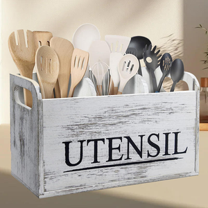 Organisateur de cuisine rectangulaire en bois de pin blanc rustique avec 5 séparateurs amovibles, grand porte-ustensiles facile à nettoyer - Product Image 1