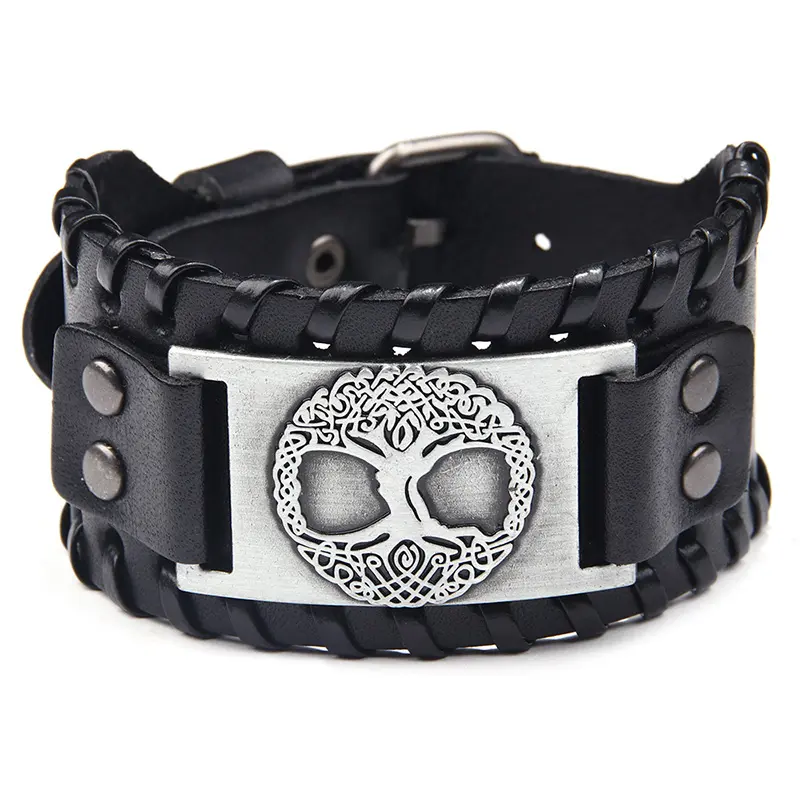 Fox Sprial Celtic Knot Symbol Braided Wide Leather Wristband Bracelet