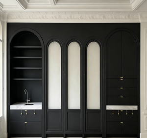 Armoire de luxe noire mate - Panneau arqué et verre dépoli, éclairage LED, zone de toilette intégrée pour un dressing moderne - Product Image 5