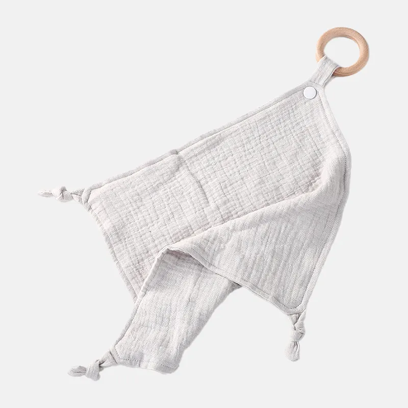 Изготовленный на заказ органический хлопок или в наличии 100% муслиновый хлопок устойчивое деревянное кольцо для прорезываний зубов одеяло для новорожденного ребенка игрушечное одеяло