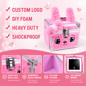 Boîte de beauté avec miroir LED réglable à cadre en aluminium, design lapin mignon en fausse fourrure rose pâle, cadeau d'anniversaire pour adolescents et enfants - Product Image 1