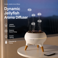 Diffuseur ultrasonique transfrontalier à effet flamme et brume, humidificateur d'aromathérapie avec lumières dynamiques colorées style méduse et finition bois