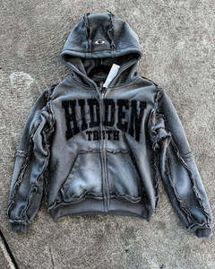 Sudadera con capucha para hombre con cremallera, bordado de apliques de moda, pedrería y lavado ácido, de alta calidad, personalizada, venta al por mayor OEM y ODM - Product Image 4