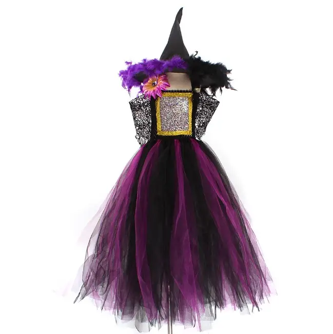 Halloween long witch dress children's role-playing party costume spider sleeve web gauze dress