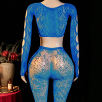 Ensemble de lingerie sexy pour femmes, bleu royal, manches longues, maille jacquard, ajouré, deux pièces, combinaison moulante, vêtements de nuit, boudoir