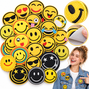 Patch brodé thermocollant ou à coudre pour fête d'enfants, motif Smiley Face mignon, drôle, visage heureux, émoticône de dessin animé, vente en gros - Product Image 1