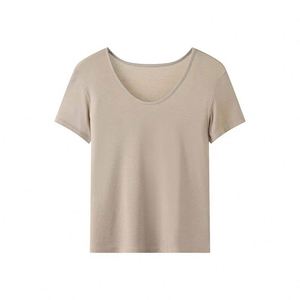 Camiseta Corta Sexy de Verano para Mujer, de Color Sólido, de Seda/Algodón, con Hombros Descubiertos, Cuello Redondo, Corte Regular, Manga Corta, Básica - Product Image 4