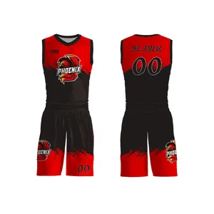 最新设计篮球球衣定制大学男子黑色和红色篮球球衣上衣短裤