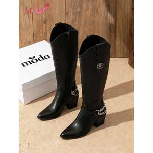 Botas Negras de Mujer hasta la Rodilla con Diseño de Tachuelas, Punta Puntiaguda, Tacón Grueso, Material TPU, Tendencia de Moda, Pantorrilla Ancha, Ideales para Vacaciones - Product Image 4