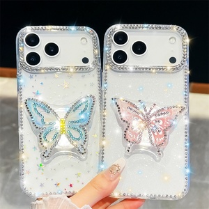 Funda de Lujo con Purpurina y Soporte de Mariposa Transparente para iPhone 17 Air 16 15 14 Pro Max, Carcasa Antigolpes de PC y TPU con Soporte de Diamantes - Product Image 3