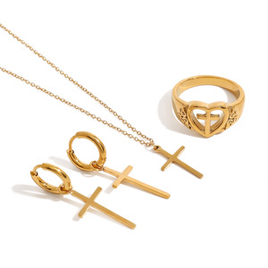Ensemble collier, boucles d'oreilles et bague en acier inoxydable, couleur or, bijoux religieux, accessoire de mode - Product Image 1