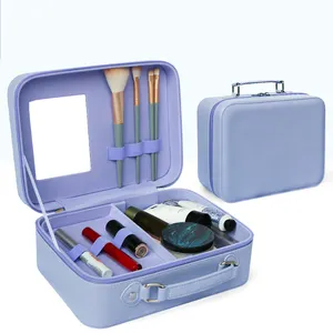 PU皮革专业化妆盒带隔层旅行便携式镜子化妆刷收纳器