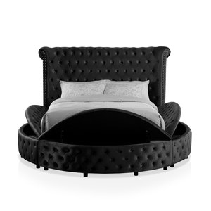 King <b>Size</b> Adjustable Modern Soft <b>Bed</b> Round Storage Black Velvet Like Acrylic Button-Tufted Wingback Design - Product Image 6