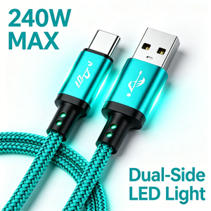 ZapCharge LED 240W USB-<span class=keywords><strong>C</strong></span>-Kabel 5A Schnellladung Beidseitig LED-beleuchtetes Nylon-Geflechtkabel für Handys und Laptops Auf Lager - Product Image 4