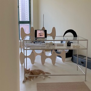 Moderno di lusso <span class=keywords><strong>in</strong></span> acciaio inox <span class=keywords><strong>vetro</strong></span> temperato Computer scrivania a doppio motore semplice antico tavolo da ufficio per la scrittura di casa cosmetici - Product Image 3
