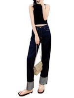 Celana Jeans Wanita Original Dark Cuffed Straight-Leg, Celana Panjang Klasik Retro