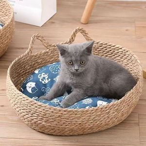 Lit pour chat en herbe naturelle tressée, panier rond en paille tressée pour animaux de compagnie, maison en feuilles de cattail tressées à la main avec coussin doux - Product Image 6