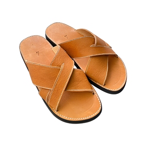 Men Genuine Leather Classic Flat Sandals Open Toe <b>Slip</b>-On Summer Breathable Cross Strap Non-<b>Slip</b> Rubber Outsole Solid Color - Product Image 1