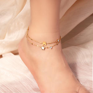 BOYI Bracelets <span class=keywords><strong>de</strong></span> <span class=keywords><strong>cheville</strong></span> fleur papillon double couche non terni pour femme en acier inoxydable - Product Image 3