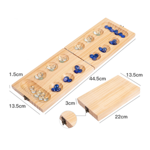 木製マンカラボードゲームセット-子供と大人のための折りたたみボードマルチカラーガラスストーンポータブルトラベルボードゲーム - Product Image 4