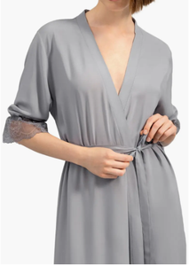 Dames Lichtgrijs Lange Robe Kanten Trim Manchet 3/4 Mouw Kimono Kamerjas Riem Maxi Bruidsgewaad Zachte Nachtkleding - Product Image 3