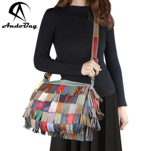 Sacs à bandoulière en cuir véritable rétro AndoBag, sac à main à franges avec empiècements de couleurs, sac fourre-tout grande capacité pour femmes 3091 - Product Image 1