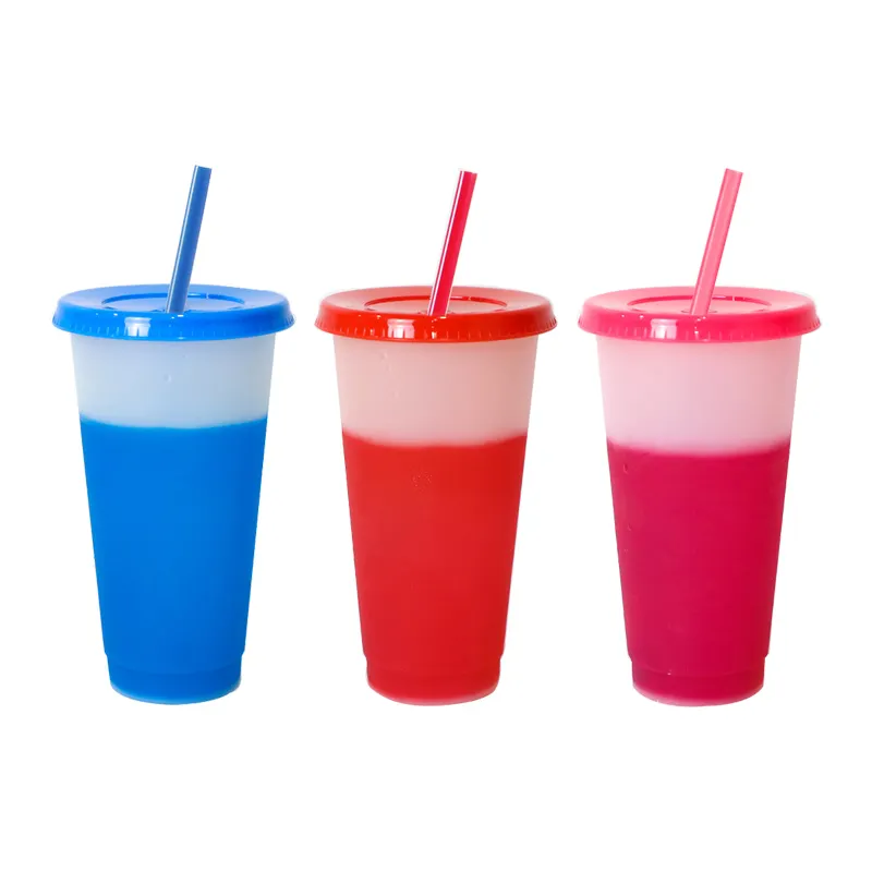 710 ml 색상 변경 컵 뚜껑과 빨대 재사용 가능한 플라스틱 텀블러 컵 어린이를위한