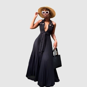 เดรสแฟชั่นแบบจีบสีพื้นเรียบง่าย คอวีลึก เปิดหลัง สายคล้องคอ ขายส่ง - Product Image 2