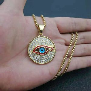 Collier pendentif œil bleu en acier inoxydable, serti pavé, rond, bijoux unisexe, cadeau DZ305B - Product Image 4