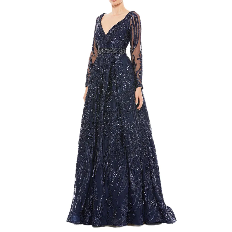 Expensive Princess Party Dresses V Neck Long Sleeves Sequin Embroidery Ball Gown Long Evening Gown