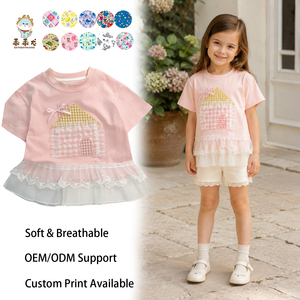 Guai Lüks Bebek Kız Çocukları Yazlık Butik İçin Günlük Kır Evi Aplike İşlemeli Pembe Dantel Detaylı Üst - Product Image 1