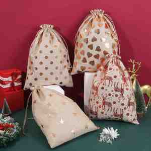 Bolsas de Regalo con Cordón de Diseño Navideño al por Mayor, Reutilizables, de Arpillera, Cáñamo, Yute y Lino, en Stock - Product Image 5