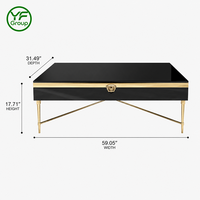 Table basse moderne de luxe en verre noir avec structure en acier inoxydable doré, table centrale de salon avec tiroir de rangement, mobilier de maison