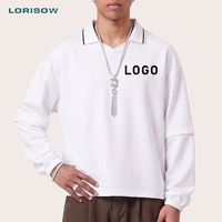 Sweat-shirt blanc à col polo LORISOW, double couche, manches longues, poignets amovibles, streetwear, logo personnalisé, coupe ample unisexe, col en V, 320g