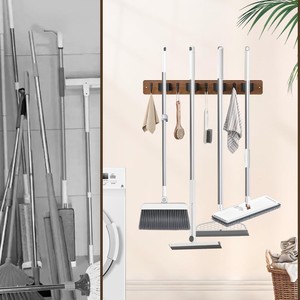 Support mural en bois de 43 cm avec crochets sans perçage pour balais, serpillères et portes de salle de bain - Product Image 4