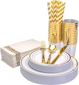 Hot Selling 200pcs Elegant Disposable Wedding Tableware Cutlery Set Dinner Party Plastic White Charger Plate Gold Rim
