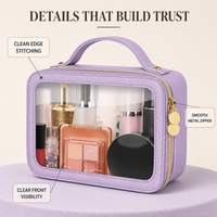 Trousse de Maquillage Portable Transparente avec Fermeture Éclair et Bordure en Cuir – Sac Cosmétique de Voyage pour Rangement de Beauté – Vente en Gros