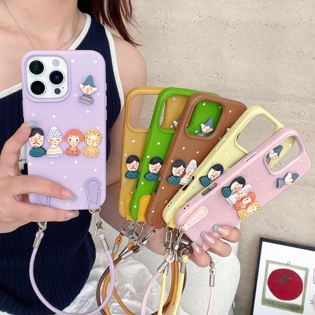 Leather Texture Polka Dot 3D Doll Cartoon Phone Case for iPhone 17 16 Pro Max 15 Pro 13 12