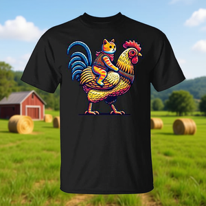 เสื้อยืดลายแมวขี่ไก่ สำหรับผู้ใหญ่ คอกลม แขนสั้น พิมพ์ลายดิจิตอล ดีไซน์เพื่อการส่งเสริมการขาย - Product Image 3
