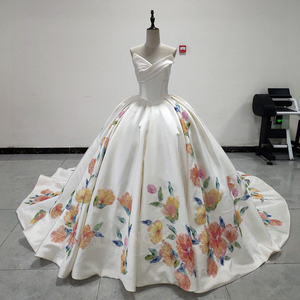 Spjy001 Luxury Ivory Floral Print Wedding Satin Princess Ball Gown Sweetheart Draped Bodice Floor-Length Watteau Train Color - Product Image 6