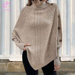 Loveda Venta al por mayor Mujeres Nuevo estilo Cable Knit Sweater Moda <span class=keywords><strong>Cuello</strong></span> alto Botón Decoración Manga larga Batwing Sweater - Product Image 6